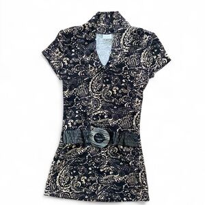 Suzy Shier Black and Tan Paisley Mini Dress